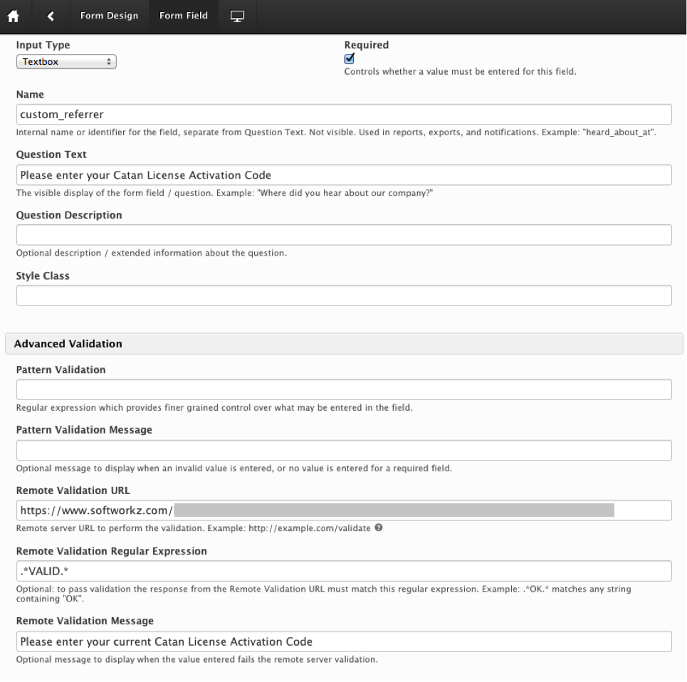 Custom Field Validation configuration