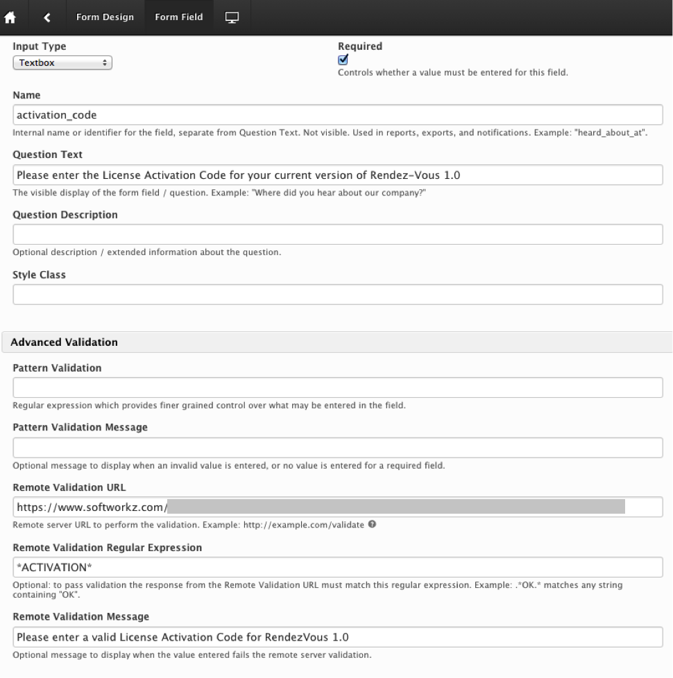 Custom Field Validation configuration